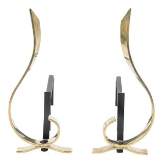 Pair of Mid-Century Curvilinear Polished Brass Andirons With Gunmetal Fittings For Sale