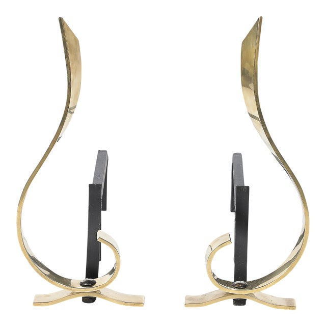 Pair of Mid-Century Curvilinear Polished Brass Andirons With Gunmetal Fittings For Sale