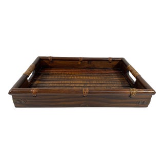 1960s Wooden Serving Tray With Bamboo and Rattan For Sale