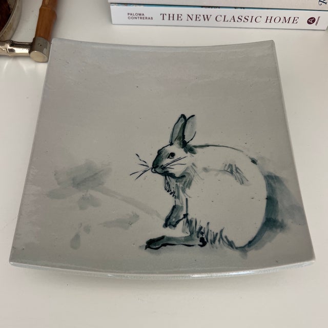 Charming Studio Pottery Square Bunny Plate For Sale - Image 9 of 9