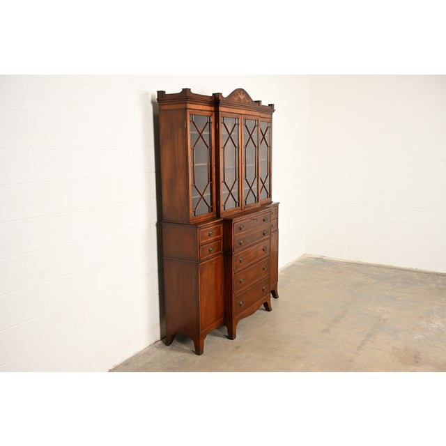 Baker Furniture Company Baker Furniture Style Federal Carved Mahogany Breakfront Bookcase Cabinet With Secretary Desk, Circa 1940s For Sale - Image 4 of 16