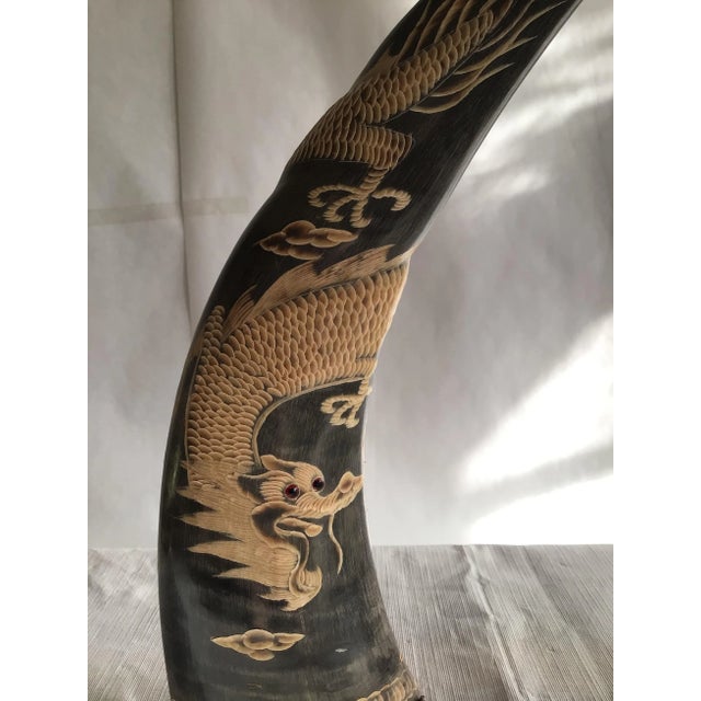 1950s 1950s Carved Horns with Dragon Motif on Wood Base - A Pair For Sale - Image 5 of 10