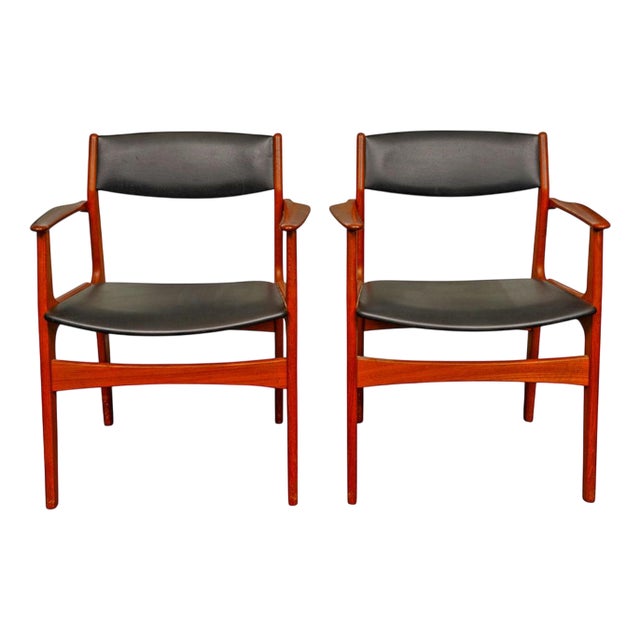 Dining Chairs in Teak and Black Vinyl Upholstery, Set of 5 For Sale