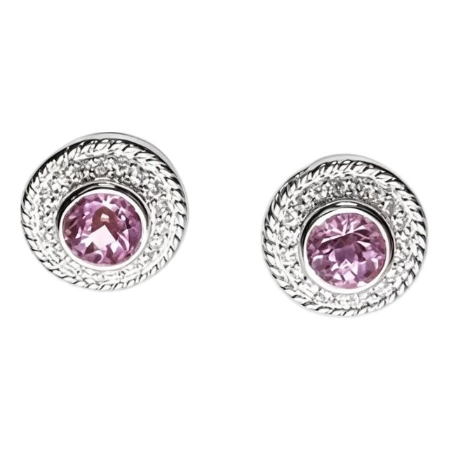 Late 20th Century Pair of 14K White Gold Pink Solitaire Amethyst Diamond Stud Earrings For Sale