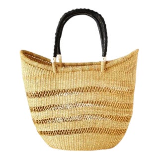 African Bolga Ghana Woven Yikene Basket Beach Bag U Shopper Wave With Black Handles For Sale