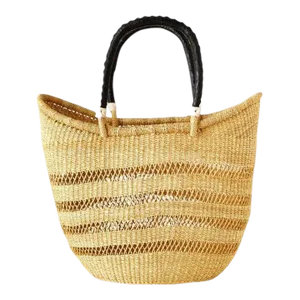 African Bolga Ghana Woven Yikene Basket Beach Bag U Shopper Wave With Black Handles