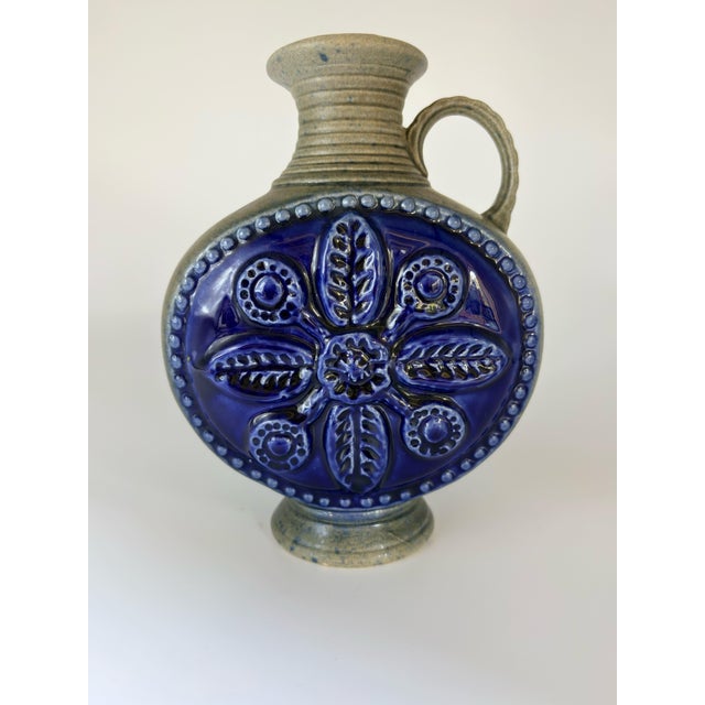 Mid-Century Modern Mid-Century Modern German Cobalt Blue Relief Ceramic Vase by Jasba, 1960s For Sale - Image 3 of 13