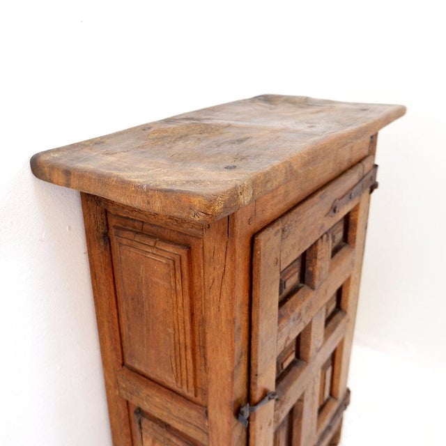 Early 19th Century Rustic Wooden Cabinet with Carved Panel Door and Iron Hardware, Spain For Sale - Image 12 of 17