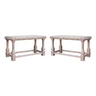Baker Furniture Rustic French Style Cerused Marble Top Console Tables - Pair For Sale