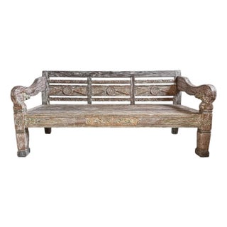 Vintage Washed Teak Carved Outdoor / Indoor Bench For Sale