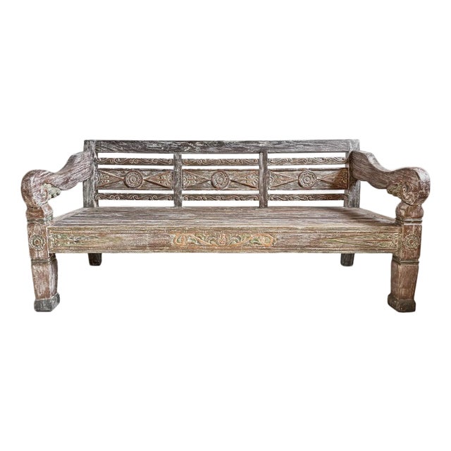 Vintage Washed Teak Carved Outdoor / Indoor Bench For Sale