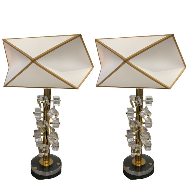 Glass Transparent Murano Cube Lamps with Geometric Shade, Set of 2 For Sale - Image 7 of 7