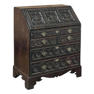 18th Century English Country Secretary in Hand-Carved Oak For Sale