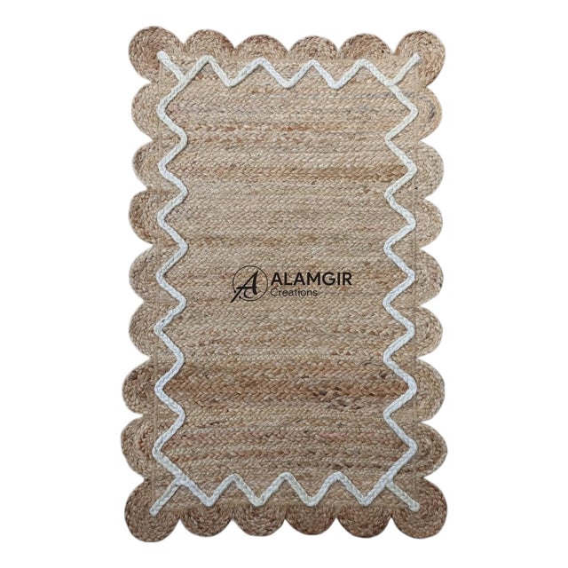 Handwoven Natural Jute Doormat Rug With Raised Zigzag Ivory 3d Border For Sale
