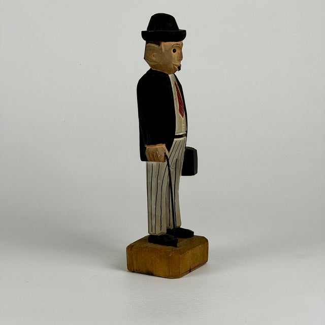 1930s 1930s Folk Art Carving of a Dressed Gentleman With Cane, Case, & Cigar in Mouth For Sale - Image 5 of 12