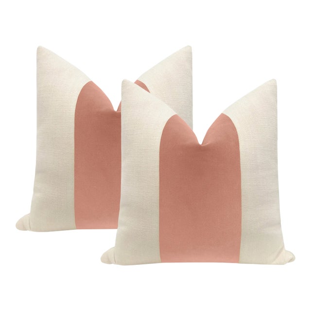 20" Blush Designer Velvet Panel + Linen Pillows - A Pair For Sale