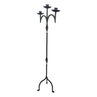 Hand Forged Iron Floor Candelabra 47.5″ (121cm) Leaf Detail Antique Copper or Gold Patina 3-Arm Candle Holder Rustic Decor For Sale