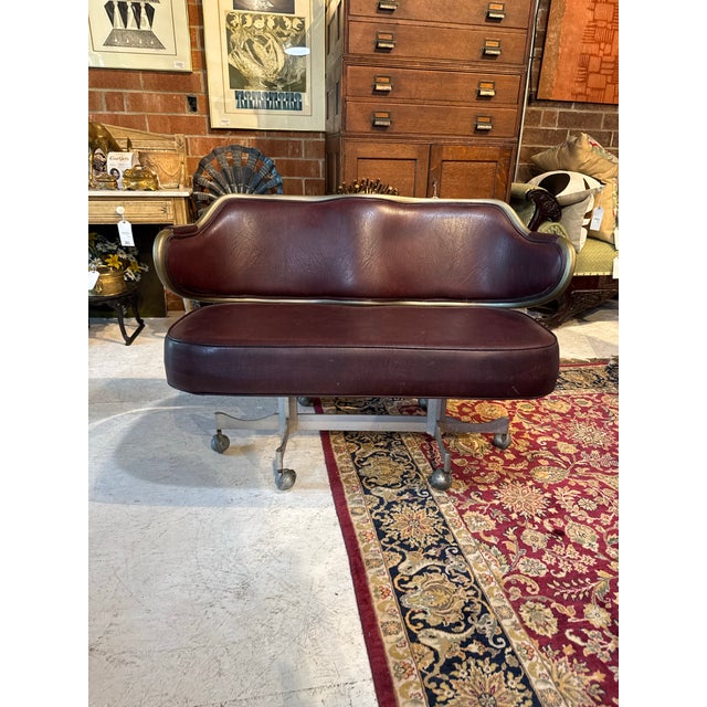 Vintage Industrial Gasser Chair Co. Rolling Settee in Burgundy Faux Leather For Sale - Image 12 of 12