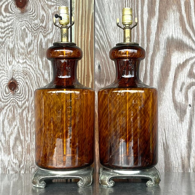 Vintage Regency Tortoise Glass Lamps on Brass Ming Plinths - a Pair For Sale - Image 4 of 6