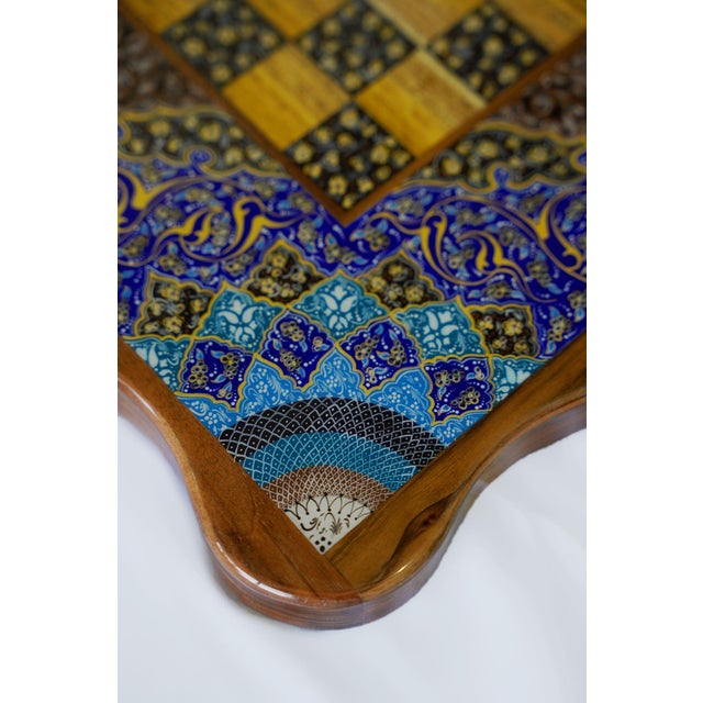 Persian Hand-Painted Tazhib Chess & Backgammon Set, Indigo and Turquoise, One-of-One For Sale - Image 3 of 5