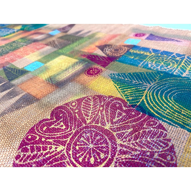 Blue Large French Abstract Wall Hanging Tapestry in Jute with Textile Lithograph by Serge Arnoux, 1960s For Sale - Image 8 of 14