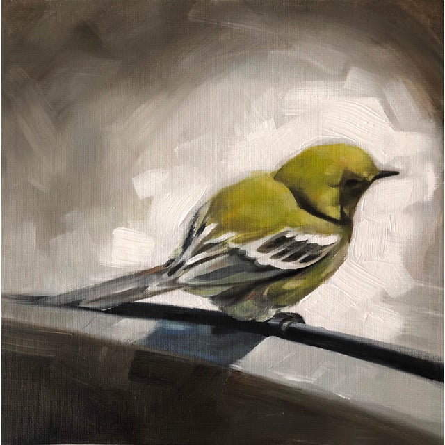 Bird Rest by Barbara Hack | Oil on canvas panel Yellow bird perched on a branch. For Sale