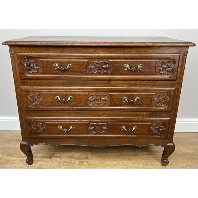 Vintage French Louis XVI Style Carved Oak Chest of Drawers For Sale - Image 3 of 14
