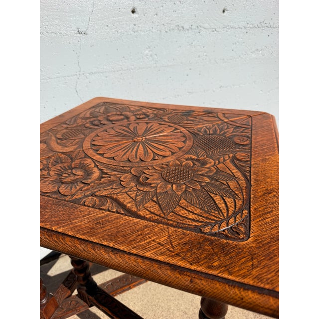 Late 20th Century Antique English Carved Oak Folding Side Table – Bobbin Turned Legs For Sale - Image 5 of 7