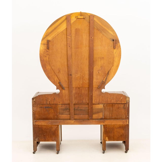 American Art Deco Mirrored Marquetry Inlaid Walnut Vanity and Chair For Sale - Image 12 of 16