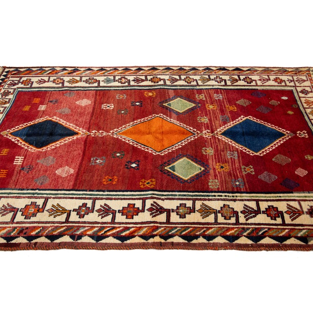 1940s 4 X 7 Room Size Persian Shiraz Wool Rug in Red With Tribal Motif For Sale - Image 5 of 8