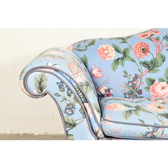 Blue Baker Furniture English Traditional Floral Upholstered Roll Arm Camelback Sofa For Sale - Image 8 of 15