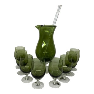 Vintage Sasaki Hand Blown Glass Avocado Green Cocktail Glasses & Decanter, Stirrers - Set of 11 For Sale