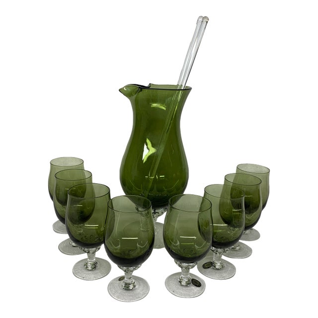 Vintage Sasaki Hand Blown Glass Avocado Green Cocktail Glasses & Decanter, Stirrers - Set of 11 For Sale
