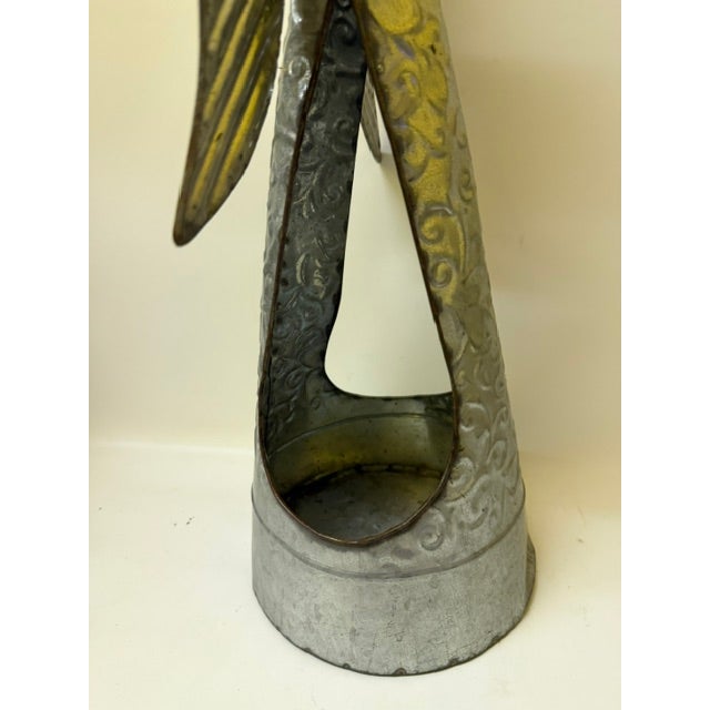 Large 21" Brutalist Folk Art Angel Candle Holder Lantern - Hand-Hammered Steel Drum For Sale - Image 11 of 15