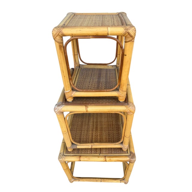 Boho Chic Set of 3 Rattan Nesting Tables For Sale - Image 3 of 6