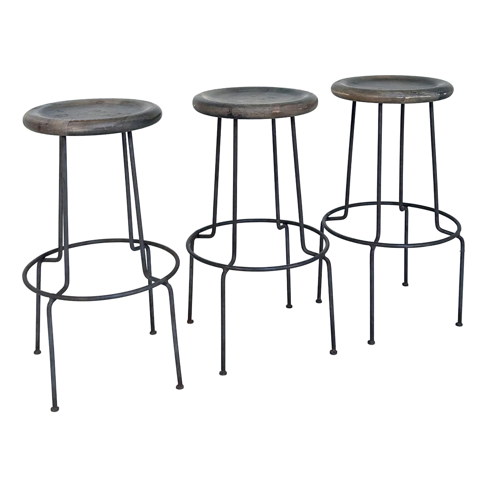 1960s Cerused Distressed Oak and Iron Bar Stools- Set of 3 | Chairish