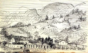 Black and White Hillside Drawing Ink on Paper 1940-60s