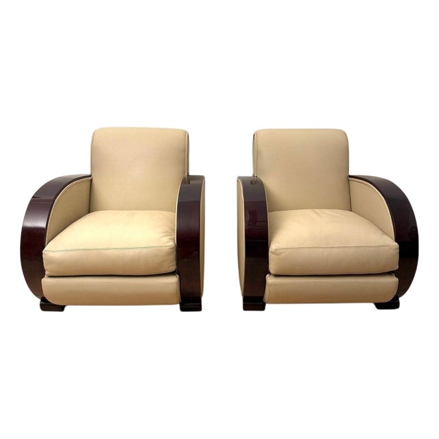 Art Deco Club Chairs in Cream Leather and Lacquered Wood, 1930 For Sale