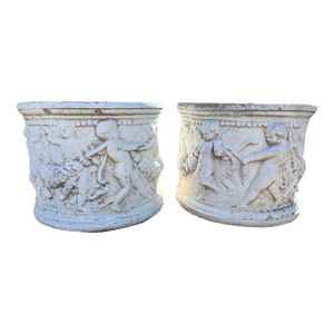 Vintage Cast Stone Cherub Planter Jardinière – Classical European Garden Urn With Putti Relief, Aged Patina Outdoor Planter