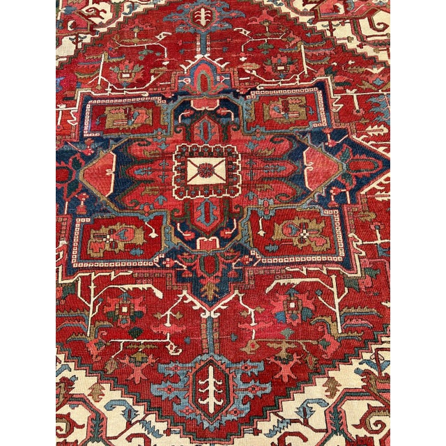 Antique Red & Blue Heriz Rug Rare Square Size For Sale - Image 4 of 8