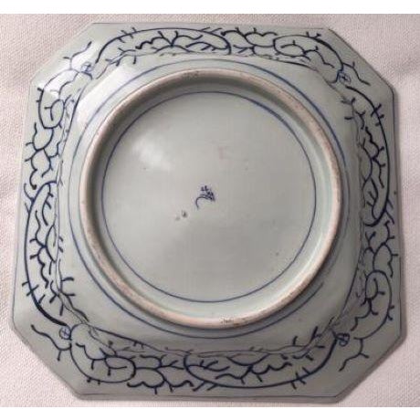 Antique Japanese Blue & White Octagonal Plate With Floral and Bamboo Motifs For Sale - Image 16 of 18