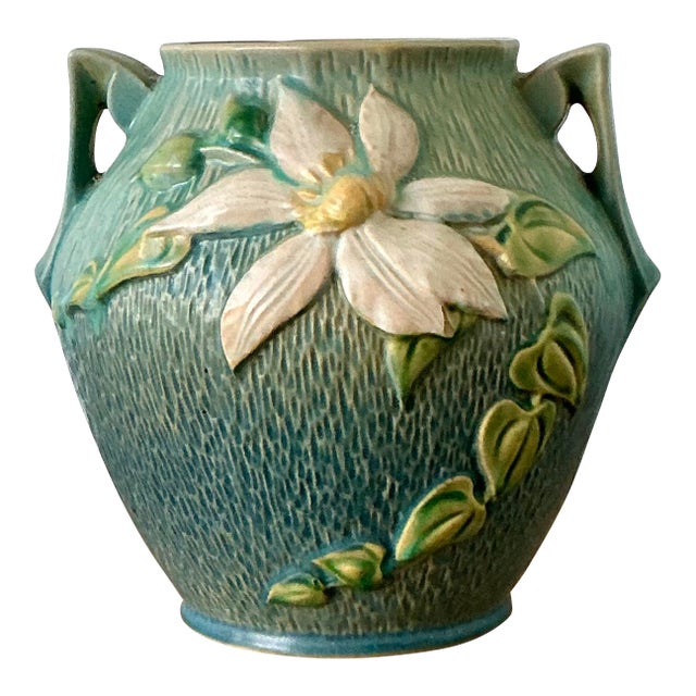Vintage Boho Roseville Green Vase For Sale