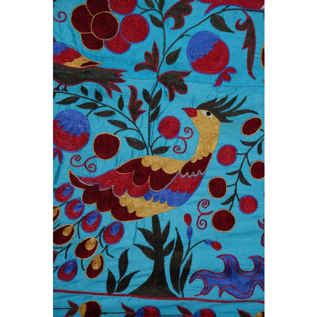 Blue Uzbek Suzani Textile – Peacock, Bird & Floral Motif Wall Art 3'4'' X 6 For Sale - Image 9 of 13