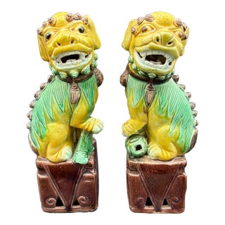 A Vintage Pair of Chinese Sancai Glazed Porcelain Foo Dogs, Circa 1920’s For Sale