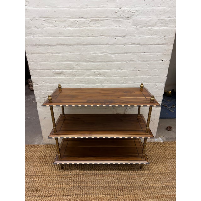 Wooden and Bone Three Tier Side Table with Brass Leg Length: 34" Width: 15" Height: 30"