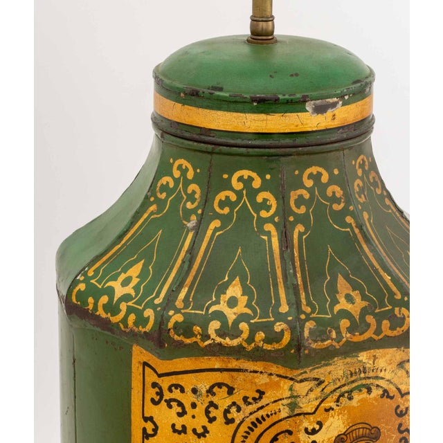 Mid 19th Century Victorian Chinoiserie Green Painted Toleware Lamp For Sale - Image 5 of 8