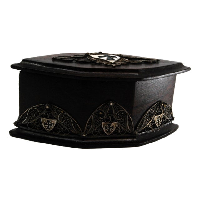Wooden Jewelry Box with Silver Coat of Arms Applications and Velvet Interior For Sale