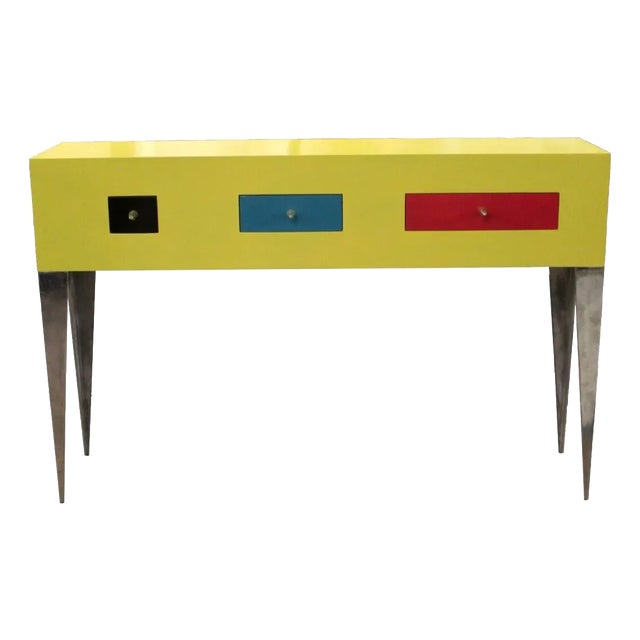 Vintage Memphis Style Yellow & Chrome Console Occasional Foyer Table 3 Drawer For Sale