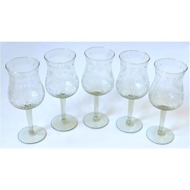 Shabby Chic 1980s Arte en Pepita Mexican Etched Floral Stemware - Set of 5 For Sale - Image 3 of 11