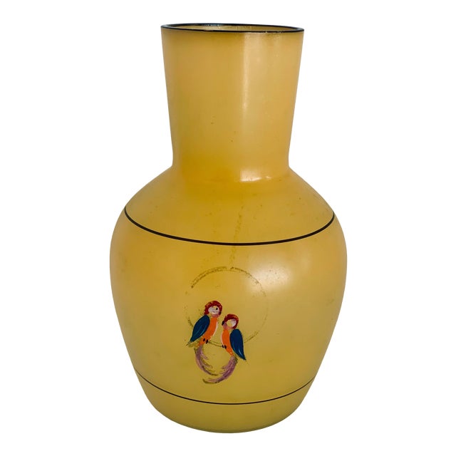 Palm Beach Style Vintage Yellow Glass Vase With Two Hand Painted Parrots Adorning the Front Face For Sale